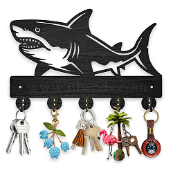 Wood & Iron Wall Mounted Hook Hangers, Decorative Organizer Rack, with 2Pcs Screws, 5 Hooks for Bag Clothes Key Scarf Hanging Holder, Shark, 200x300x7mm.(HJEW-WH0055-099)