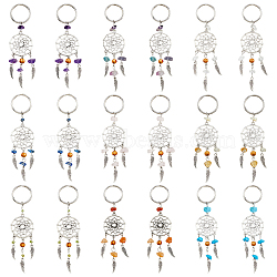 18Pcs 9 Colors Woven Net/Web with Wing Tibetan Style Alloy Keychain, with Gemstone Chip & Wood Beads, 110mm, 2pcs/color(KEYC-AB00028)