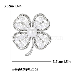 Alloy Rhinestone Brooch for Backpack Clothes, with Imitation Pearl Beas, Clover, Platinum, 37x35mm(PW-WG101CB-01)