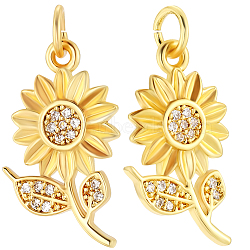 12Pcs Brass Micro Pave Cubic Zirconia Pendants, with Jump Ring, Long-Lasting Plated, Sunflower, Real 18K Gold Plated, 18.5x11x2mm, Hole: 3mm(KK-BBC0014-63)