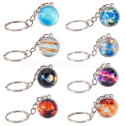 8Pcs 8 Colors Platinum Tone Alloy Keychain, with Glass Solar System Planet Pendants and Iron Ring, Mixed Color, 8cm, 1pc/color(KEYC-OC0001-33)