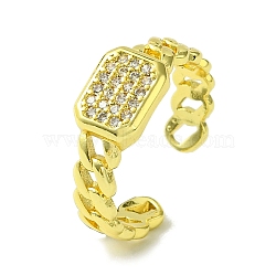 Brass Micro Pave Cubic Zirconia Open Cuff Rings, Rectangle, Real 16K Gold Plated, US Size 7 1/4(17.5mm)(RJEW-K256-35G)