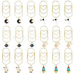 18Pcs 6 Style Iron Bookmark, with Alloy Enamel Pendants, Mixed Shapes, Golden, Mixed Color, 59~75mm(AJEW-FH00052)
