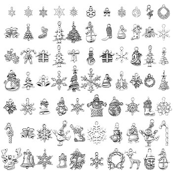74Pcs 74 Style Tibetan Style Alloy Pendants, Mixed Shapes, Christmas Theme, Antique Silver, 10~30x7.5~21.5x1~5mm, hole: 1~2.5mm, 1pc/style
