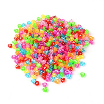Transparent Acrylic Alphabet Beads, Heart, Mixed Color, 7.5x7.5x3.5mm, Hole: 1.6mm, 500pcs/bag