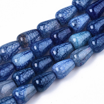 Natural Crackle Agate Beads Strands,  Dyed & Heated, Teardrop, Marine Blue, 14x10mm, Hole: 1mm, about 28pcs/strand, 15.35 inch(39cm)