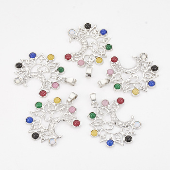 Chakra Jewelry, Alloy Gemstone Pendants, Moon, Platinum, 39x35x3.5mm, Hole: 6x3mm