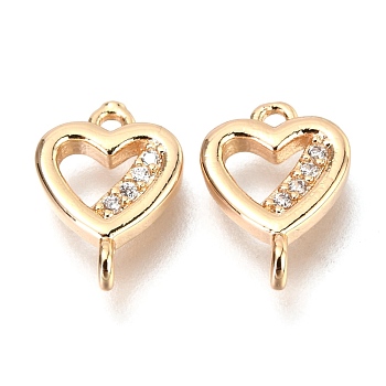 Brass Micro Pave Clear Cubic Zirconia Links Connectors, Long-Lasting Plated, Heart, Real 14K Gold Plated, 11x7.8x2.5mm, Hole: 1mm