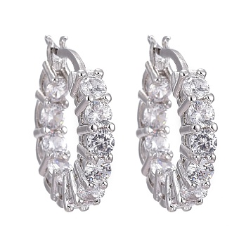 Brass Micro Pave Clear Cubic Zirconia Hoop Earrings, Long-Lasting Plated, Ring, Real Platinum Plated, 17.5x18.5x3mm, Pin: 0.5x1mm