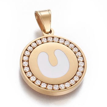 304 Stainless Steel Enamel Pendants, with Cubic Zirconia, Flat Round with Letter, Golden, Clear, Letter.U, 29x25x3mm, Hole: 5.5x8.5mm