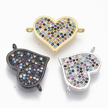 Brass Micro Pave Cubic ZirconiaLinks connectors, Heart, Colorful, Mixed Color, 15x21.5x1.5mm, Hole: 1.2mm