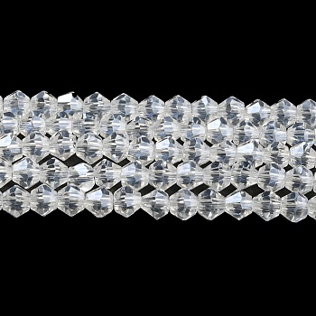 Transparent Electroplate Glass Beads Strands, Pearl Luster Plated, Faceted, Bicone, Clear, 4x4mm, Hole: 0.8mm, about 87~98pcs/strand, 12.76~14.61 inch(32.4~37.1cm)