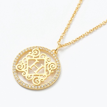 Brass Micro Pave Clear Cubic Zirconia Pendant Necklaces, Flat Round with Letter, Real 18K Gold Plated, Letter.H, 16.14~17.20 inch(41~43.7cm)