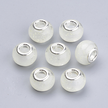 Handmade Luminous Lampwork European Beads, with Brass Double Cores, Large Hole Beads, Rondelle, Creamy White, 14~14.5x10~11mm, Hole: 5mm
