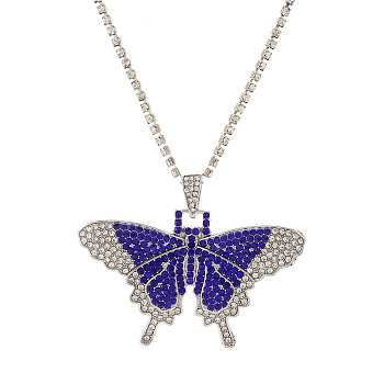 Butterfly Rhinestone Pendant Necklaces, with Platinum Alloy Chains, Sapphire, 18.31 inch(46.5cm)