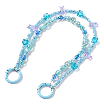 Acrylic Fish Beaded Mobile Straps, Multifunctional Chain, with Alloy Spring Gate Ring and Glass Beads, Light Sky Blue, 32cm