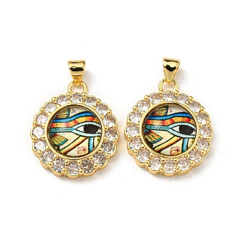 Real 18K Gold Plated Brass Pendants, with Glass and Acrylic, Flat Round with Evil Eye Charms, Colorful, 23.5x20x7mm, Hole: 4x3.5mm