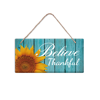 PVC Plastic Hanging Wall Decorations, with Jute Twine, Rectangle with Word Believe Thankful, Colorful, Sunflower Pattern, 15x30x0.5cm