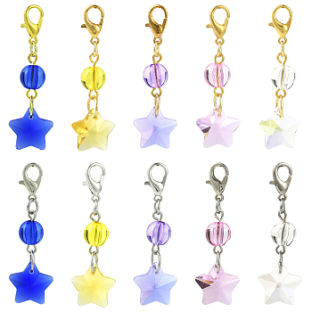 50Pcs Glass & Acrylic Star Pendant Decorations, with Alloy Lobster Claw Clasps, Mixed Color, 42mm