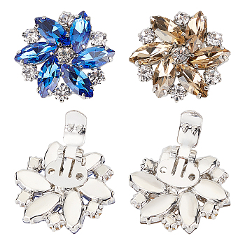 Nbeads 4 Pcs 2 Colors Platinum Alloy Shoe Buckle Clips, with Glass Rhinestone, Flower, Mixed Color, 32x34x10mm, 2pcs/color