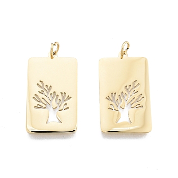 304 Stainless Steel Pendants, Laser Cut, with Jump Rings, Rectangle with Tree of Life, Real 14K Gold Plated, 26.5x15x1mm, Jump Ring: 5x0.8mm, 3.4mm inner diameter