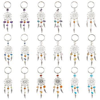 18Pcs 9 Colors Woven Net/Web with Wing Tibetan Style Alloy Keychain, with Gemstone Chip & Wood Beads, 110mm, 2pcs/color
