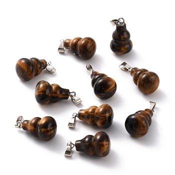 Natural Tiger Eye Pendants, with Brass Loops and Snap on Bails, Long-Lasting Plated, Platinum, Gourd/Calabash, 16.5~17x12mm, Hole: 4x4mm