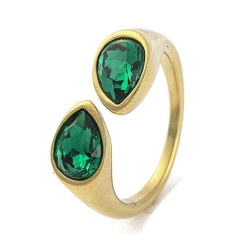 Ion Plating(IP) 304 Stainless Steel Rhinestone Teardrop Cuff Open for Women, Real 14K Gold Plated, Emerald, Inner Diameter: 18mm