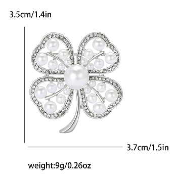 Alloy Rhinestone Brooch for Backpack Clothes, with Imitation Pearl Beas, Clover, Platinum, 37x35mm