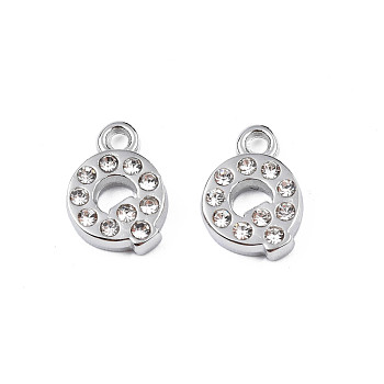 304 Stainless Steel Charms, with Crystal Rhinestone, Letter, Letter.Q, 10~10.5x2~8x2mm, Hole: 1.2mm
