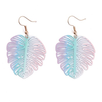 Spray Painted Stainless Steel Monstera Leaf Dangle Earrings, Etched Metal Embellishments, with Golden Plated Iron Earring Hooks, Colorful, 58mm, Pin: 0.7mm