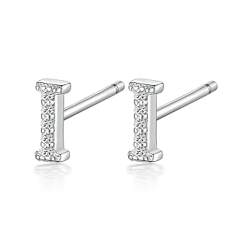 Rhodium Plated 925 Sterling Silver Initial Letter Stud Earrings, with Cubic Zirconia, Platinum, Letter I, 5x5mm