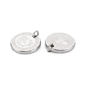 304 Stainless Steel Pendants, with Jump Rings, Flat Round with Tiger, Stainless Steel Color, 16x2mm, Jump Ring: 5x1mm, 3mm inner diameter