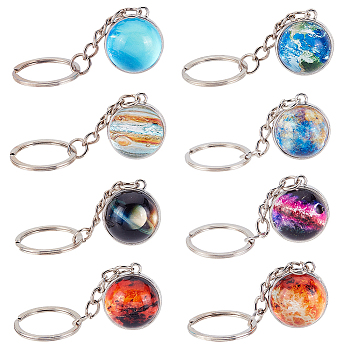 8Pcs 8 Colors Platinum Tone Alloy Keychain, with Glass Solar System Planet Pendants and Iron Ring, Mixed Color, 8cm, 1pc/color
