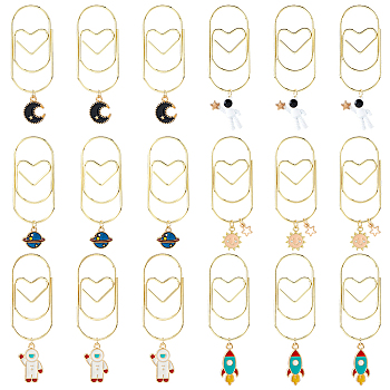 18Pcs 6 Style Iron Bookmark, with Alloy Enamel Pendants, Mixed Shapes, Golden, Mixed Color, 59~75mm