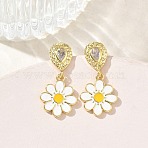 Brass Micro Pave Cubic Zirconia Dangle Stud Earrings for Women, Flower with Teardrop, with Enamel, Rack Plating, Long-Lasting Plated, Lead Free & Cadmium Free, Real 18K Gold Plated, 27.5x12.5mm(EJEW-A167-28G)