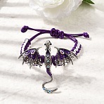 Pterosaur Alloy Enamel & Rhinestones Link Bracelets, Adjustable Waxed Cord Braided Bracelets for Women Men, Antique Silver, Dark Violet, Inner Diameter: 2.01~3.35  inch(5.1~8.5cm)(BJEW-A165-01A)