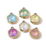 UV Plating Alloy Glass Pendants, Flat Round Charm, Faceted, Mixed Color, Golden, 16x13.5x5.5mm, Hole: 1.8mm(FIND-K032-44G)