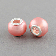 Spray Painted Glass European Beads, with Brass Silver Color Plated Cores, Large Hole Beads, Rondelle, Light Coral, 15x12mm, Hole: 5mm(GPDL-R001-07S)