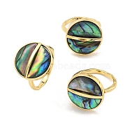 Brass Open Cuff Rings, with Abalone Shell, Jewely for Women, Round, Real 14K Gold Plated, US Size 7 1/4(17.5mm)(RJEW-K265-05G)