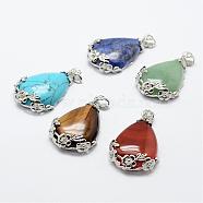 Natural & Synthetic Mixed Stone Pendants, with Brass Findings, teardrop, Platinum, 40.5x27x8.5mm, Hole: 4x6.5mm(G-P275-M)