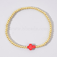 Brass Bead Stretch Bracelets for Women, with Plastic Cross, Fuchsia, 6-7/8 inch(17.5cm)(QZ0147-2)