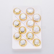 Natural Pearl Stud Earrings, with Brass Findings, Brass Ear Nuts, Earring Backs, with Plastic, Flat Round, White, Golden, 20~22x6.5~8mm, Pin: 0.8mm(EJEW-F230-11G)
