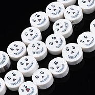 Handmade Polymer Clay Bead Strands, Halloween Style, Flat Round with Smiling Face, White, 9~10x4mm, Hole: 1.5mm, about 40pcs/strand, 14.17 inch(36cm)(X-CLAY-S096-038)