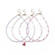 4Pcs 4 Style Natural Rose Quartz & Glass Seed Beaded Necklaces Set, Alloy Enamel Heart Charm Necklaces for Women, Mixed Color, 14.96~15.12 inch(38~38.4cm), 1Pc/style(NJEW-JN03953)