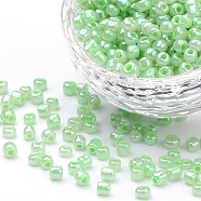 6/0 Glass Seed Beads, Ceylon, Round, Round Hole, Pale Green, 6/0, 4mm, Hole: 1.5mm, about 500pcs/50g, 50g/bag, 18bags/2pounds(SEED-US0003-4mm-144)