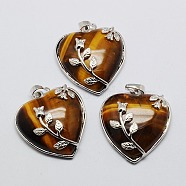 Heart Natural Tiger Eye Pendants, with Platinum Plated Brass Pendant Settings, 42~46x31~33mm, Hole: 6mm(X-GP356-7)