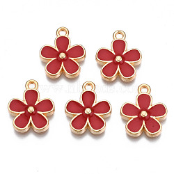 Alloy Enamel Pendants, Cadmium Free & Lead Free, Light Gold, Flower, FireBrick, 15.5x13x2.5mm, Hole: 1.4mm(X-ENAM-Q446-007-RS)