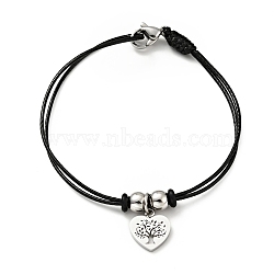 304 Stainless Steel Heart with Tree of Life Charm Bracelet with Waxed Cord for Women, Stainless Steel Color, 7 inch(17.8cm)(BJEW-A125-17)