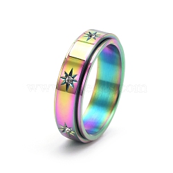 Rotatable Stainless Steel Finger Ring, with Rhinestone for Couples, Rainbow Color, US Size 5(15.7mm)(PW-WGC6D1D-07)